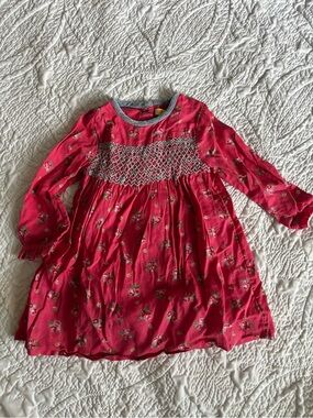 Baby Boden Hot Pink Floral Smocked Long Sleeve Dress with Blue Velvet Trim